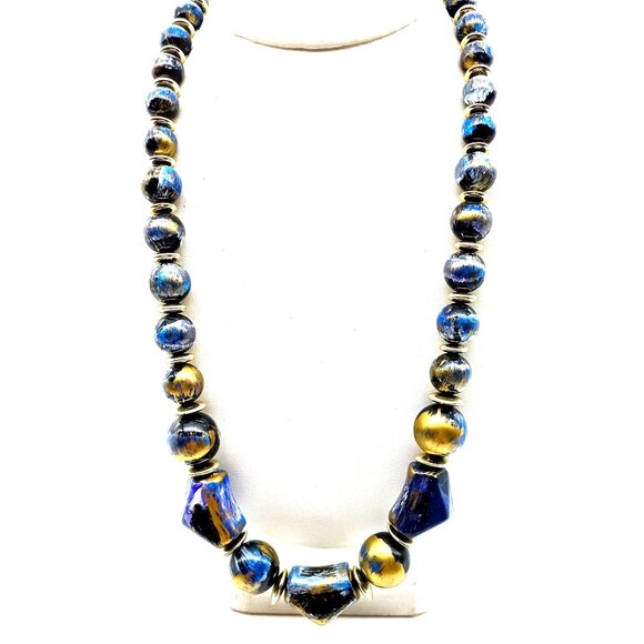 Chic Blue and Gold Necklace, Graduated Vintage Gilded Lucite Strand - Picture 1 of 3